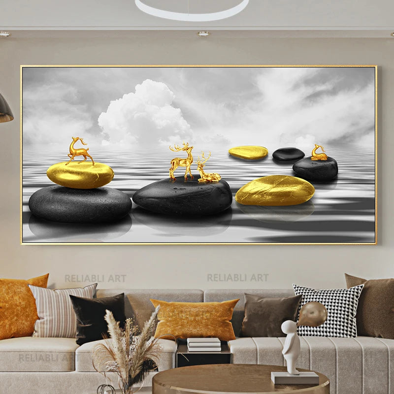 Feng Shui Golden Tree & Deer Canvas Wall Art | Lucky Decor