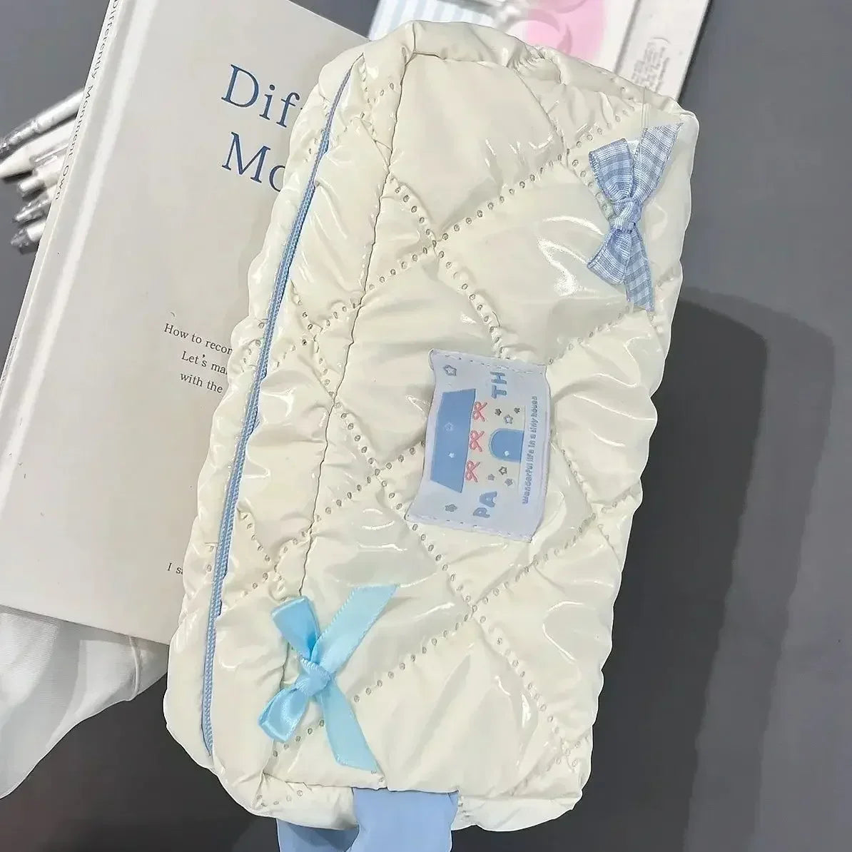 Blue White Bow Pencil Bag Large Capacity Stationery Bag Travel Storage Bag Women'S Cosmetic Bags Cute Design Girls Pencil Case Peaceful Pleasures Health and Wellness