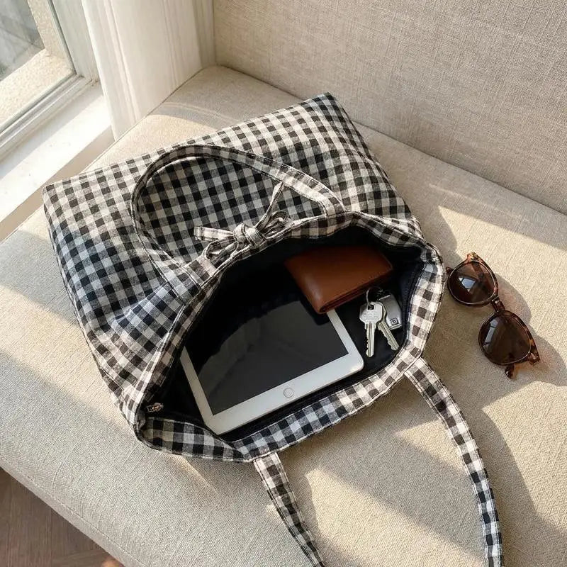 Women's Plaid Nylon Tote Bag – Lightweight Large Capacity Shoulder