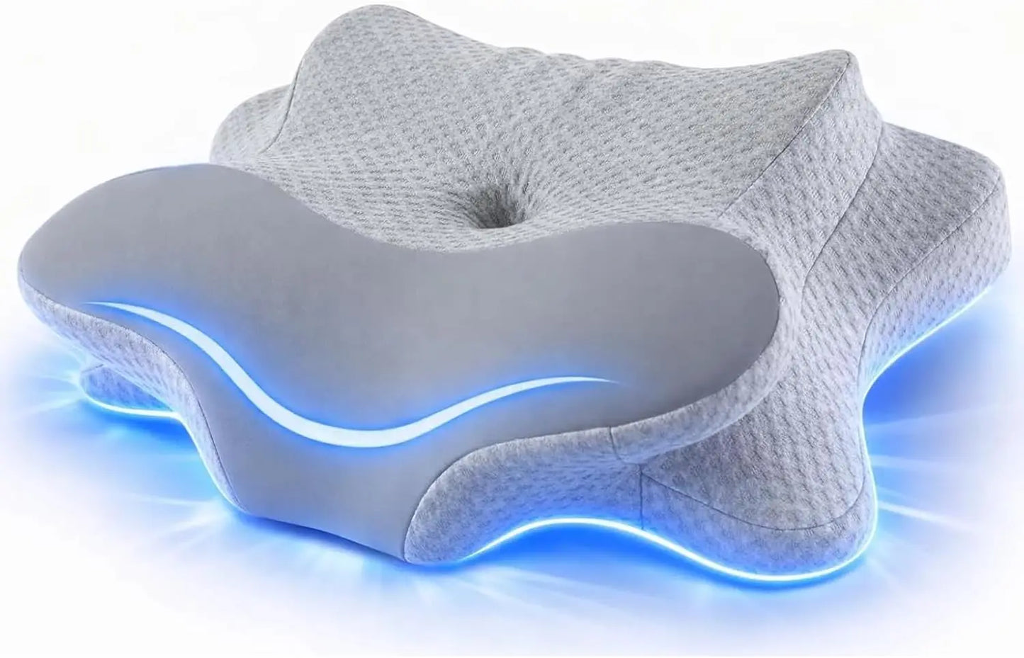 Gray pillow with blue LED lights on a white background