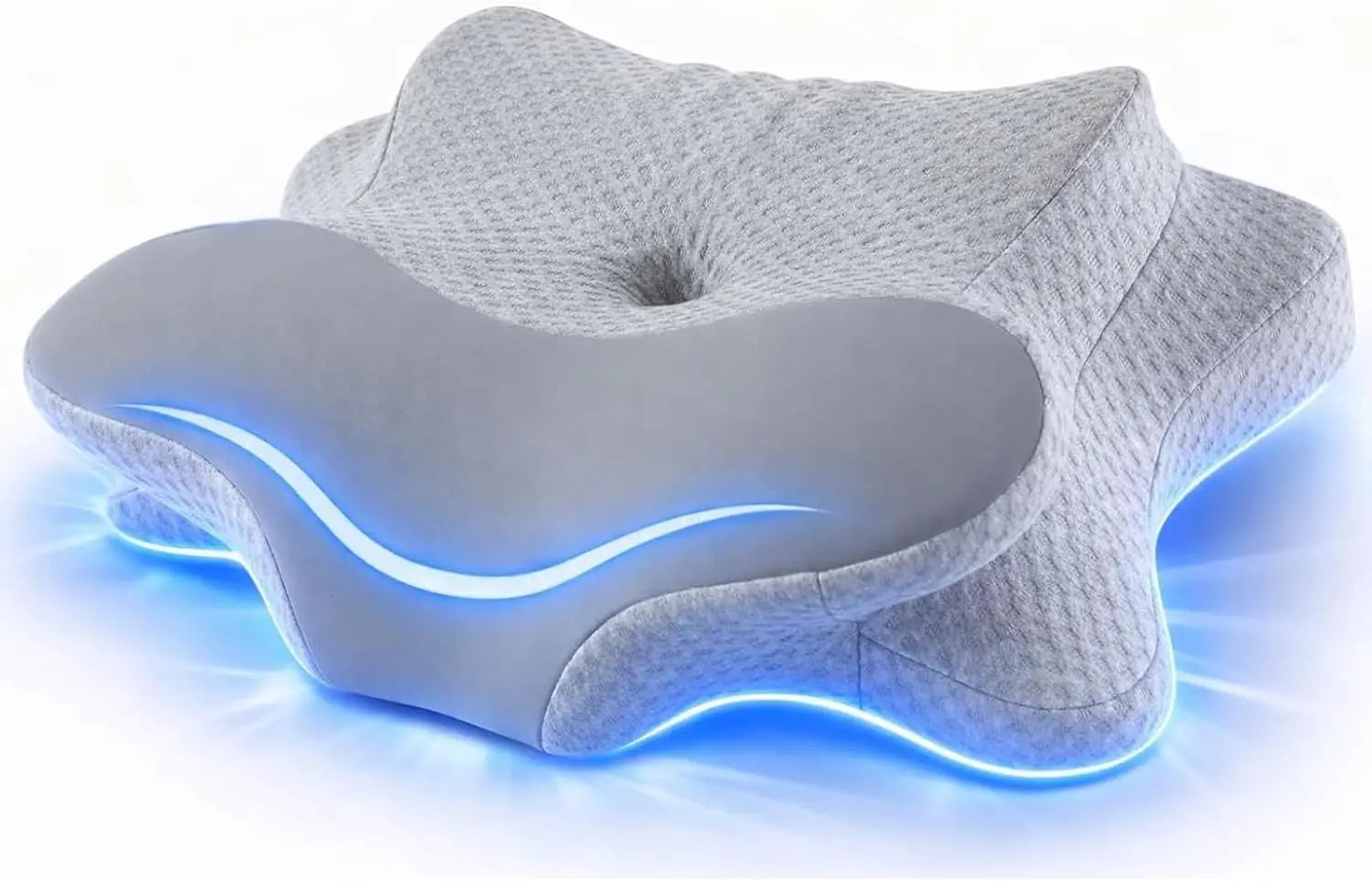 Gray pillow with blue LED lights on a white background