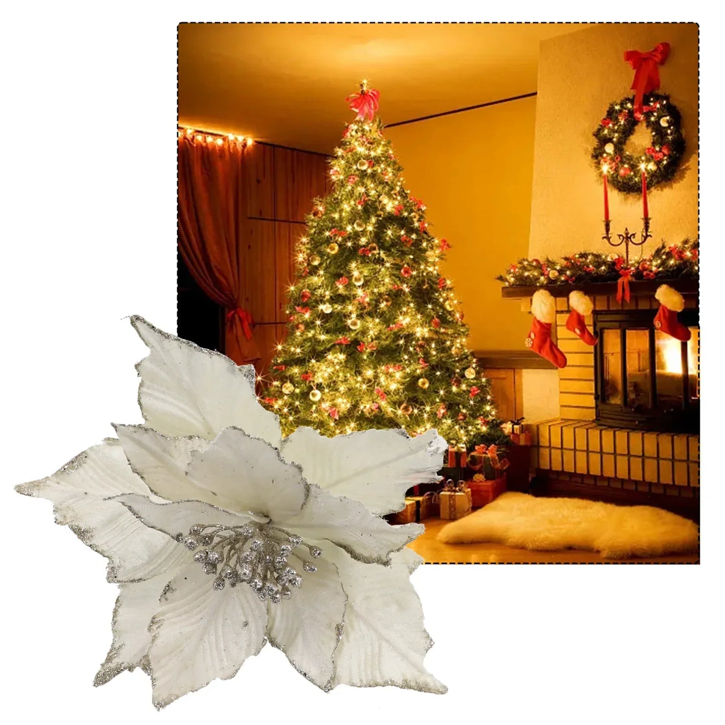 28cm Glitter Poinsettia Artificial Flower | Christmas Tree Decor