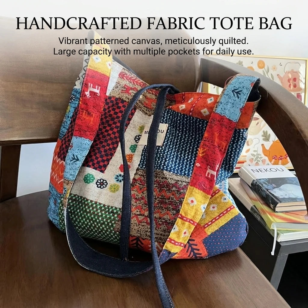 Double-Sided Bohemian Denim Canvas Tote Bag Vintage Contrast Color Commuter Handbag For Women Peaceful Pleasures Health and Wellness