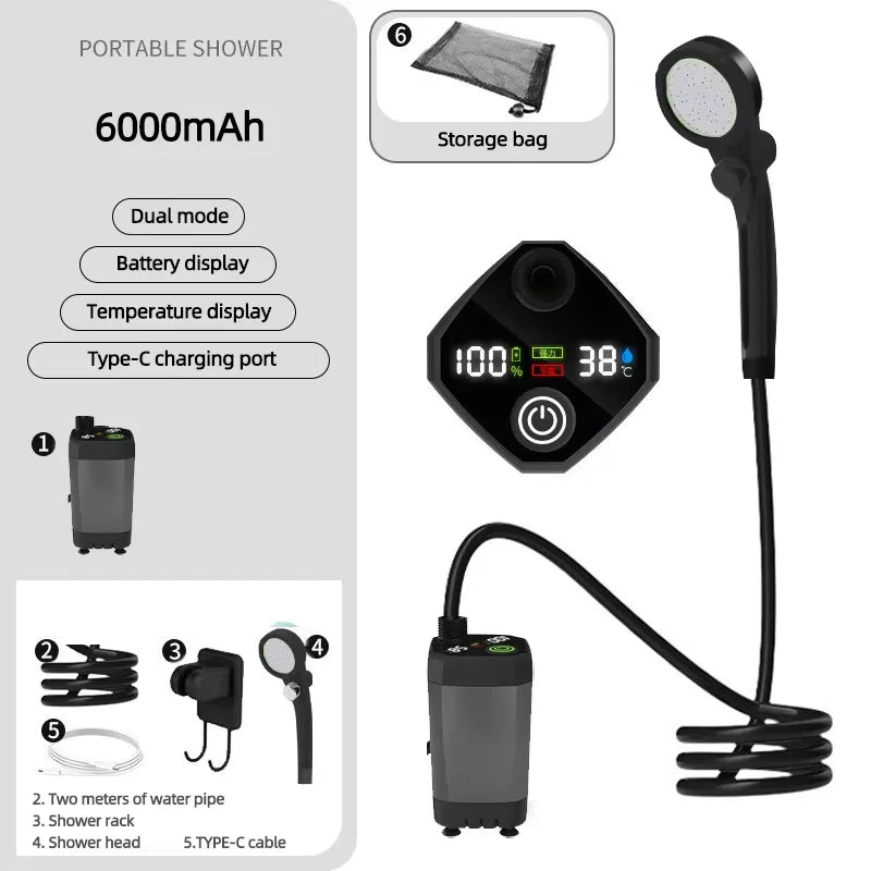 Portable Shower for Camping 6000mAh Rechargeable Camping Shower with Shower Head Intelligent LED Display Electric Shower Pump Peaceful Pleasures Health and Wellness