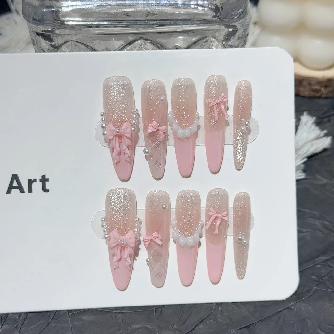 10pcs French Press-On Nails – Pink Bow & Pearl Design
