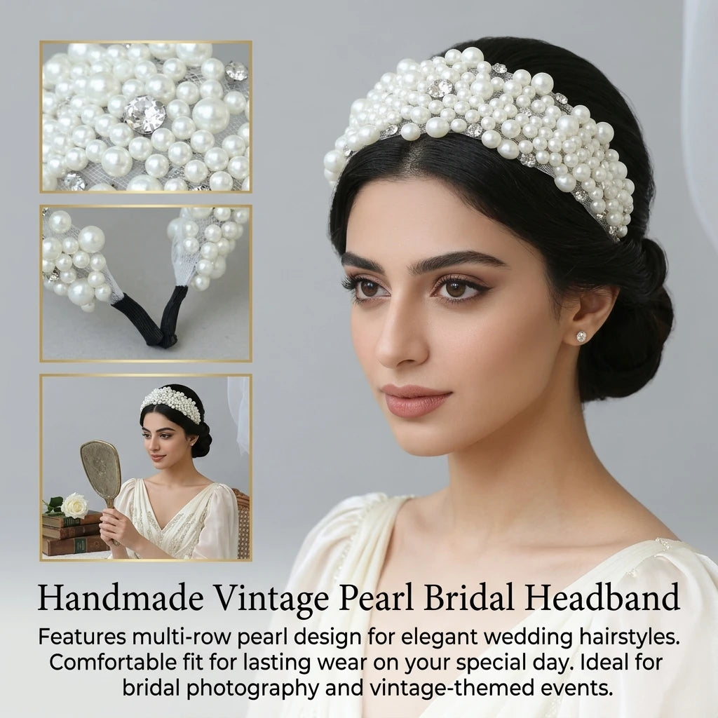Bridal Headband Vintage Pearl Hair Accessory Hand-made Multi Row Design for Wedding Photography Peaceful Pleasures Health and Wellness