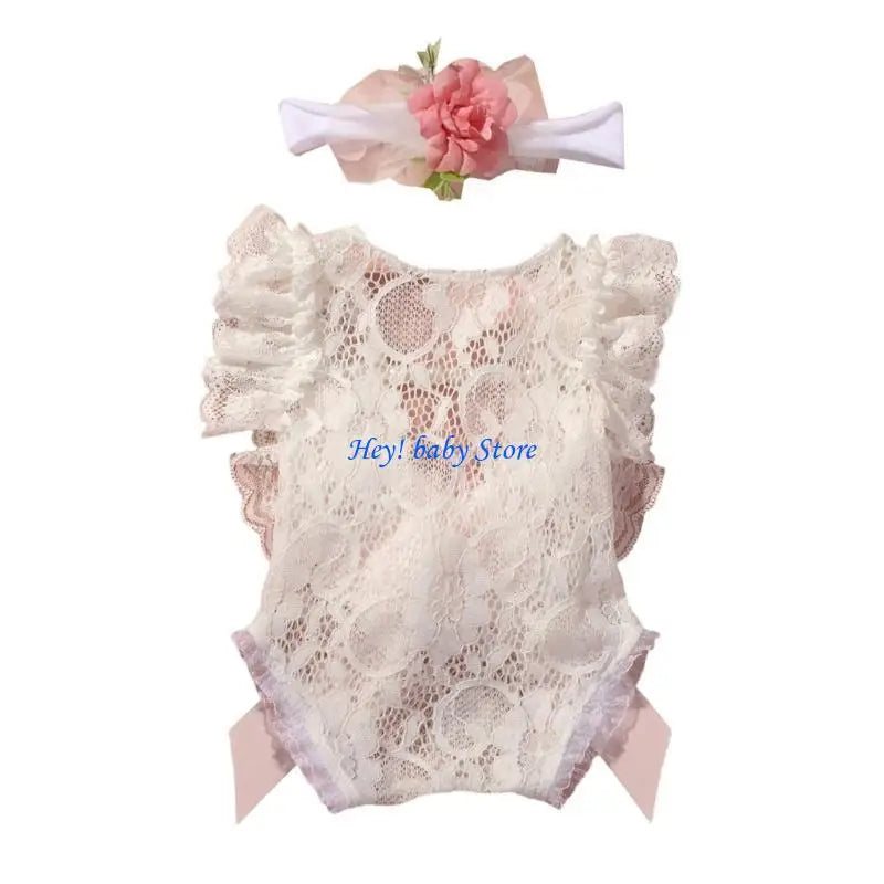 Newborn Lace Romper & Floral Headband Set | Baby Photo Props