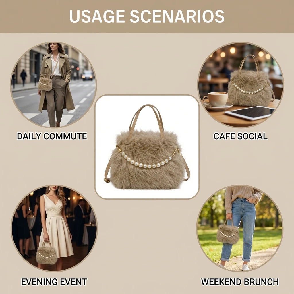 Women's Faux Fur Beaded Handbag Small Square Design Versatile Commuter Crossbody Bag Peaceful Pleasures Health and Wellness