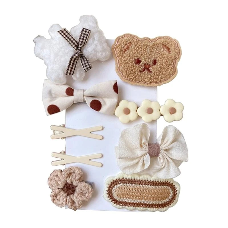 9-Piece Cartoon Bear & Bow Hair Clip Set for Baby Girls