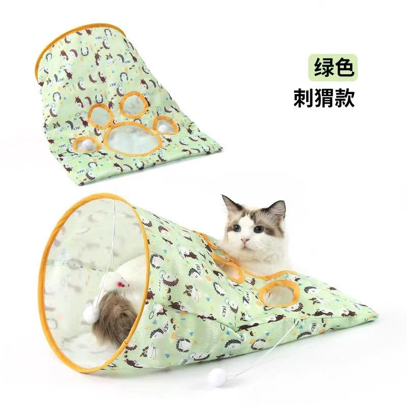 Foldable Cat Tunnel Toy – Crinkle Paper, Plush Balls & Mouse