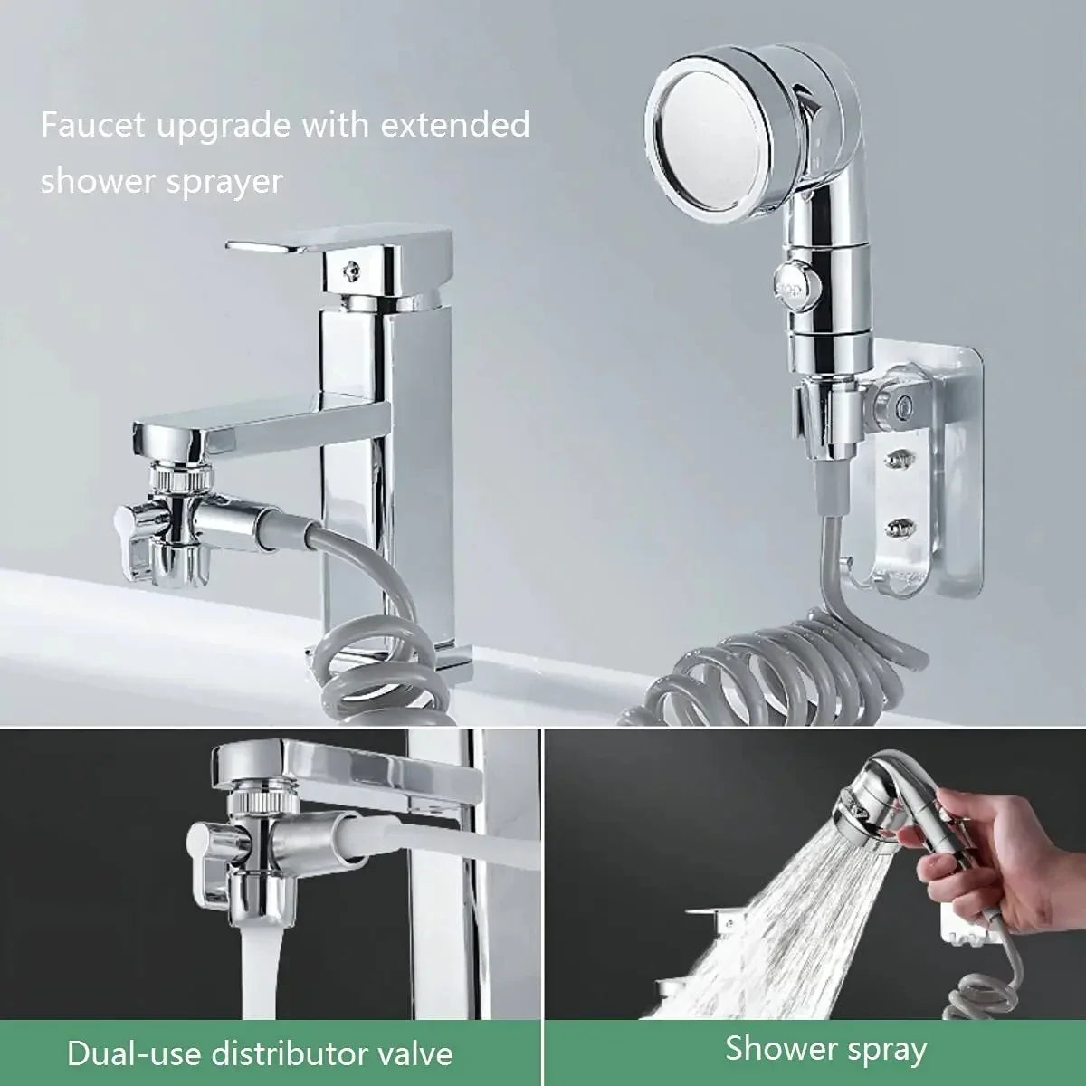 3-Way Faucet Diverter Valve & Handheld Shower Head Adapter Set
