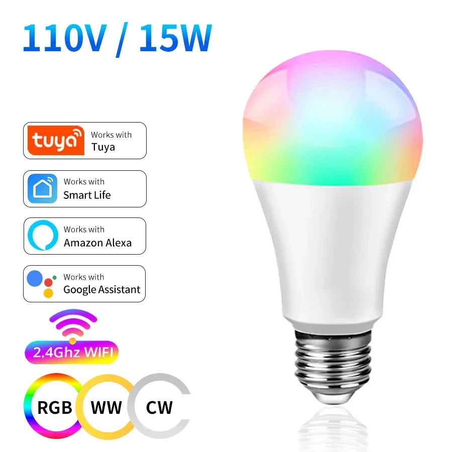 220V 110V 10W 15W 20W Tuya WiFi LED Light Bulb RGB+WW+CW E27 Smart Alexa Lamp Compatible with Alexa Google Home Smart Life APP Peaceful Pleasures Health and Wellness 110V 15W Yes