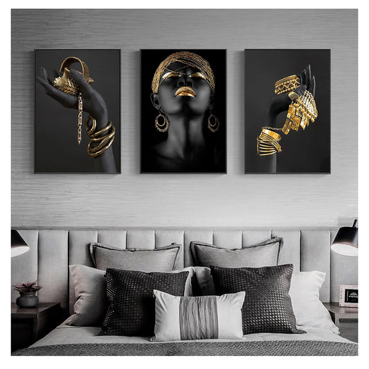 African Black Woman Canvas Wall Art | Gold Jewelry Poster Print Canvas Wall Art Peaceful Pleasures Health and Wellness