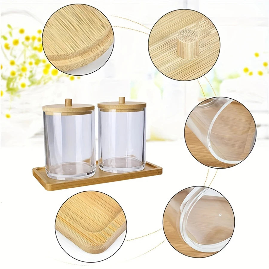 Acrylic Cotton Swab Holder Canister with Tray – 2-Pack 10oz Apothecary Jar Bathroom Organizer