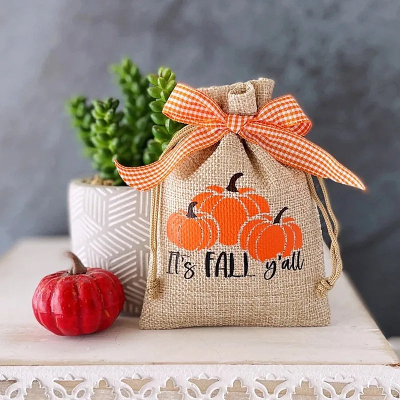 5-Pack Mini Pumpkin Burlap Drawstring Bags | Halloween Decor