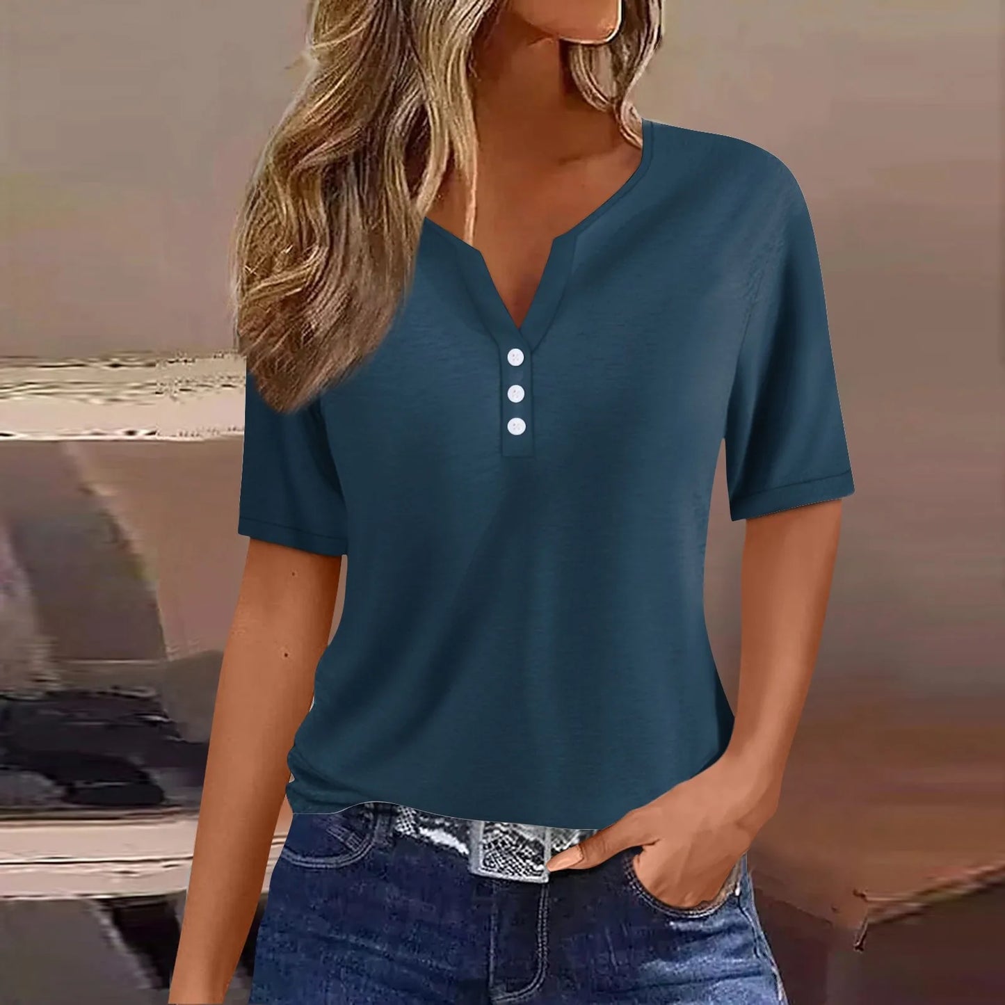 Women Summer Trendy Simple Casual Fashion Button T Shirt V Neck Short Sleeve Solid Loose Pullover Tops Plus Size Ropa De Mujer Peaceful Pleasures Health and Wellness Navy S