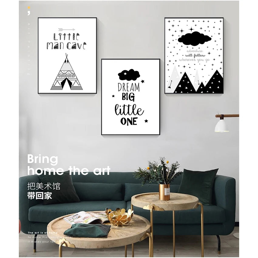 Boys Cartoon Nursery Canvas Wall Art | Black & White Print