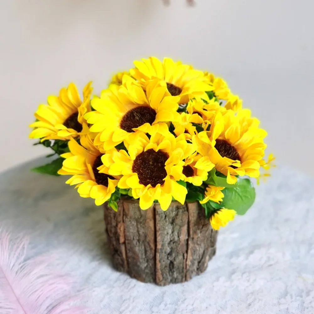 Artificial Sunflower Bonsai in Bark Pot | Faux Plant Home Décor