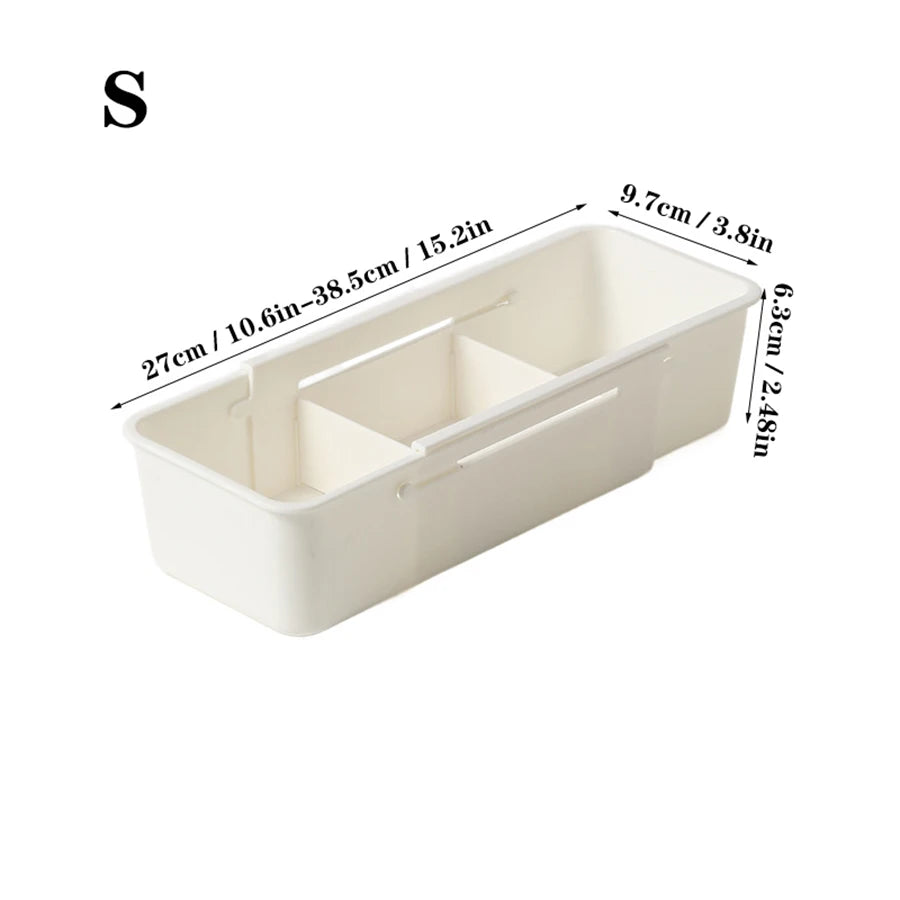 Expandable Sliding Drawer Tray with Adjustable Dividers – Glossy PS Plastic Drawer Organizer Bin