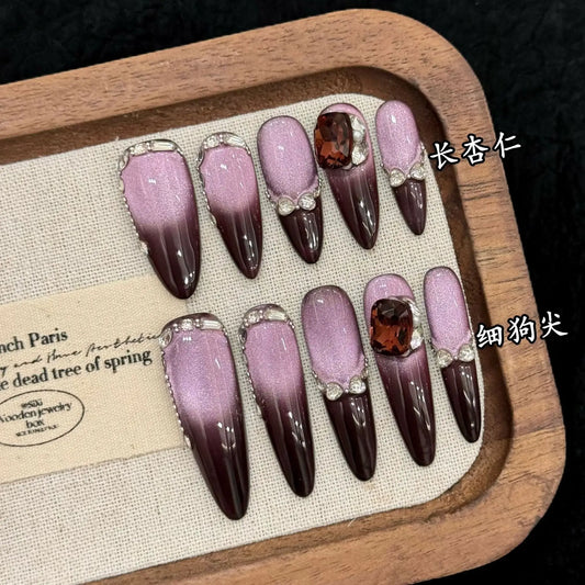 Purple Cat's Eye Press On Nails – Long Tips Glass Bead, 10pcs Press On Nails Peaceful Pleasures Health and Wellness