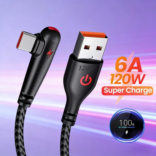 120W 90° USB-A to USB-C Fast Charging Cable | 6A Braided USB-C Charging Cable Peaceful Pleasures Health and Wellness