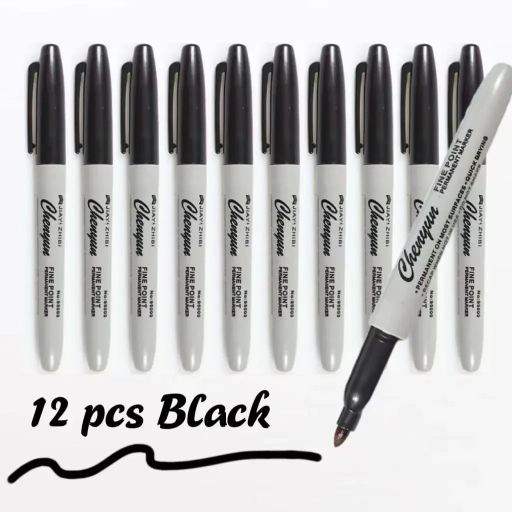 12-Pack Black Permanent Markers – Fine Tip, Waterproof, Quick-Dry
