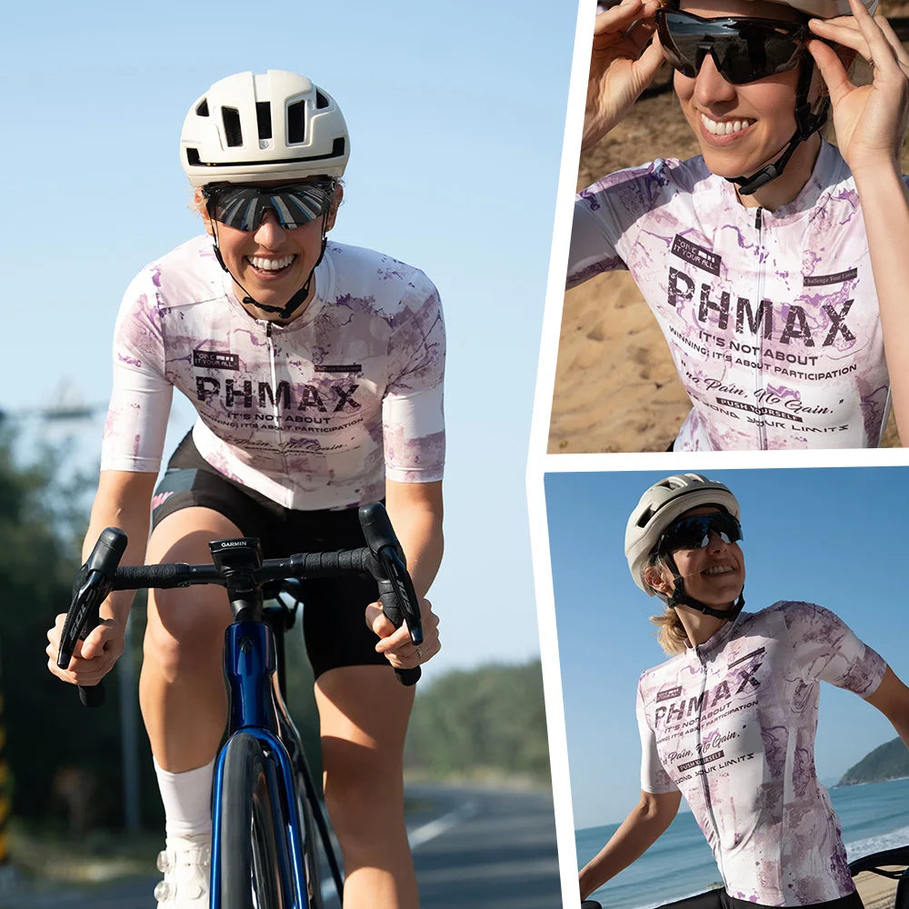 PHMAX Women's Short Sleeve Cycling Jersey | Full-Zip, 3 Pockets