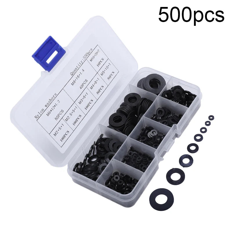 Nylon Flat Washer Assortment Kit M2–M10 | 500-Piece with Box
