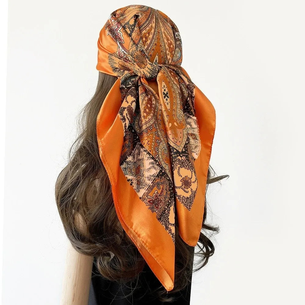 90x90cm Satin Square Scarf – Bohemian Floral Hair Wrap & Shawl