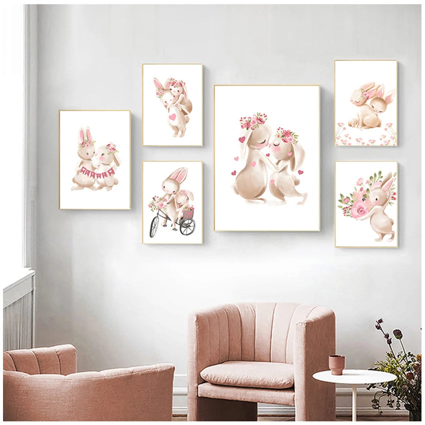 Pink Bunny Nursery Canvas Wall Art | Girls Baby Room Decor