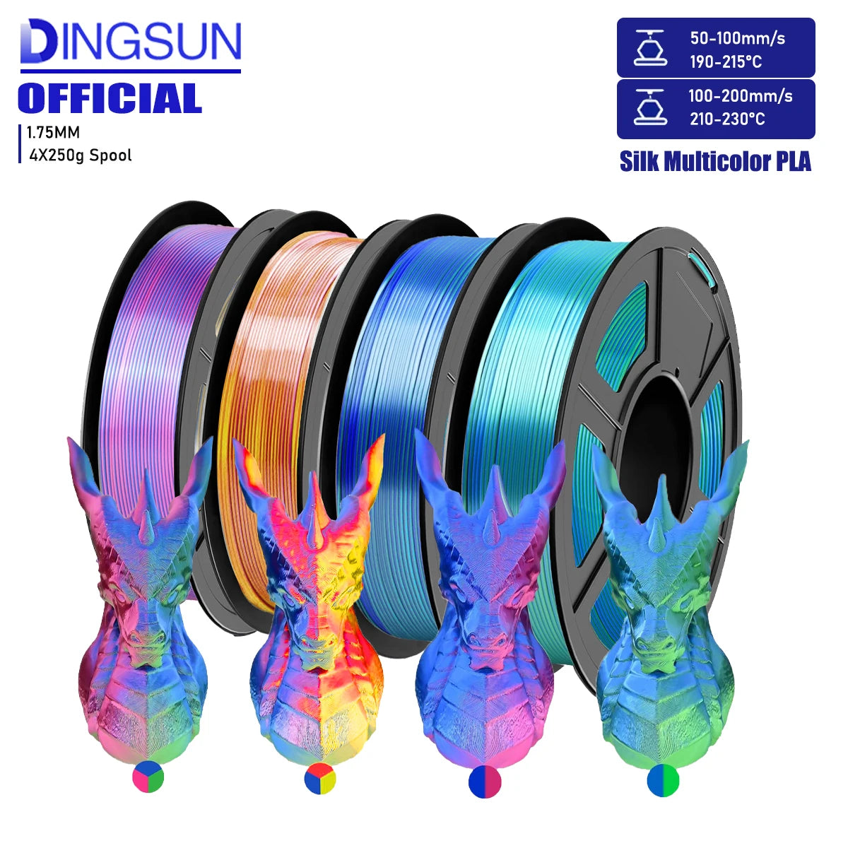 DINGSUN PLA Filament Bundle 1.75mm Tri-Color 3D Printer 250g–1kg