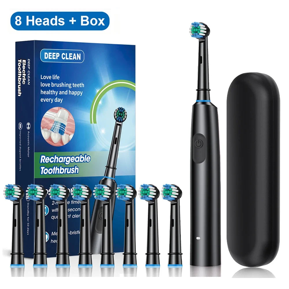HOMEFISH Bestselling 5-Speed Rotating Electric Toothbrush 360° Rotating Soft Bristle Head Waterproof Sonic Rechargeable Peaceful Pleasures Health and Wellness Black 8 Heads Box
