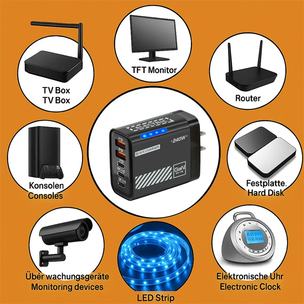 240W GaN 5-Port USB-C PD Fast Charger Desktop Adapter