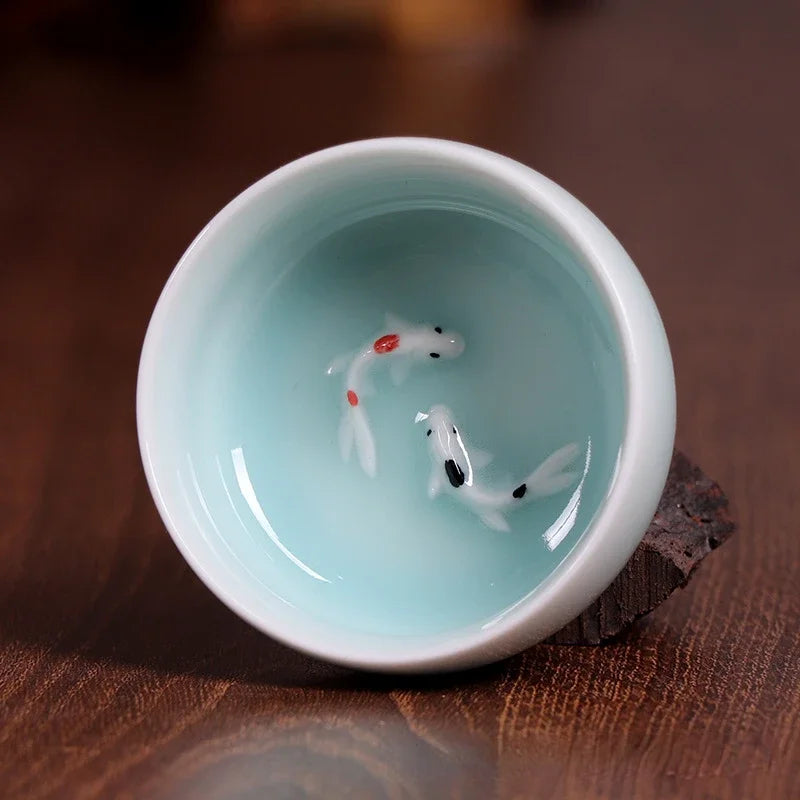 60ml Crackle Golden Fish Celadon Porcelain Teacups Delicate Longquan Tea Cup Bowl Kungfu Serviceable Chinese Tea Cup Tea Making Peaceful Pleasures Health and Wellness