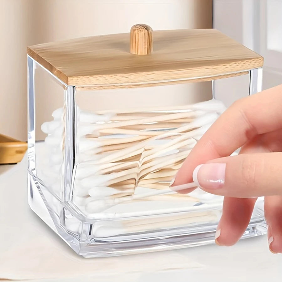 Acrylic Round Swab Dispenser with Lid – 2-Pack Clear Makeup Organizer for Bathroom Storage