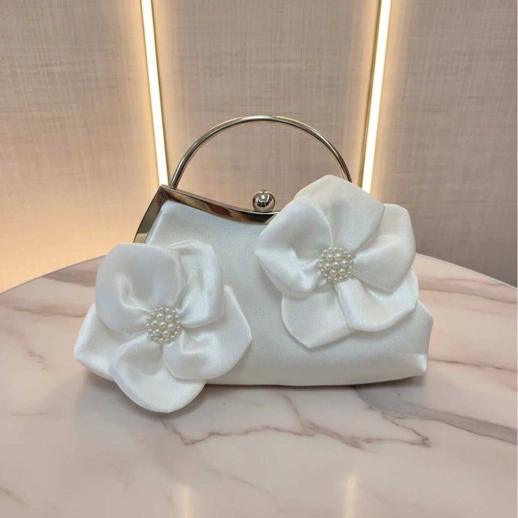 White Flower Clutch Bag For Women Evening Party Wedding Dress With Satin Material Peaceful Pleasures Health and Wellness