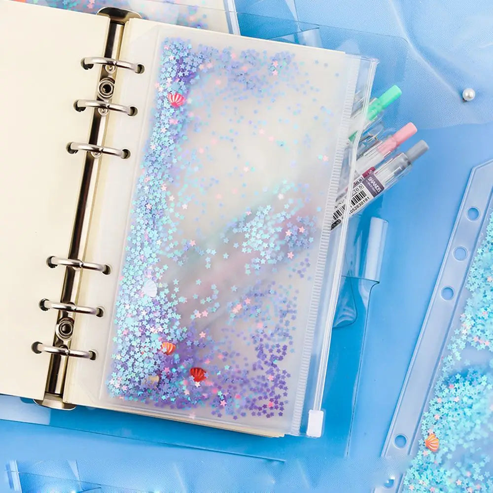 School Stationery Creativity Glitter Sequins Loose Leaf Zipper PVC Handbook A5/A6 Binder Storage Pouch Inner Pocket File Holder Peaceful Pleasures Health and Wellness