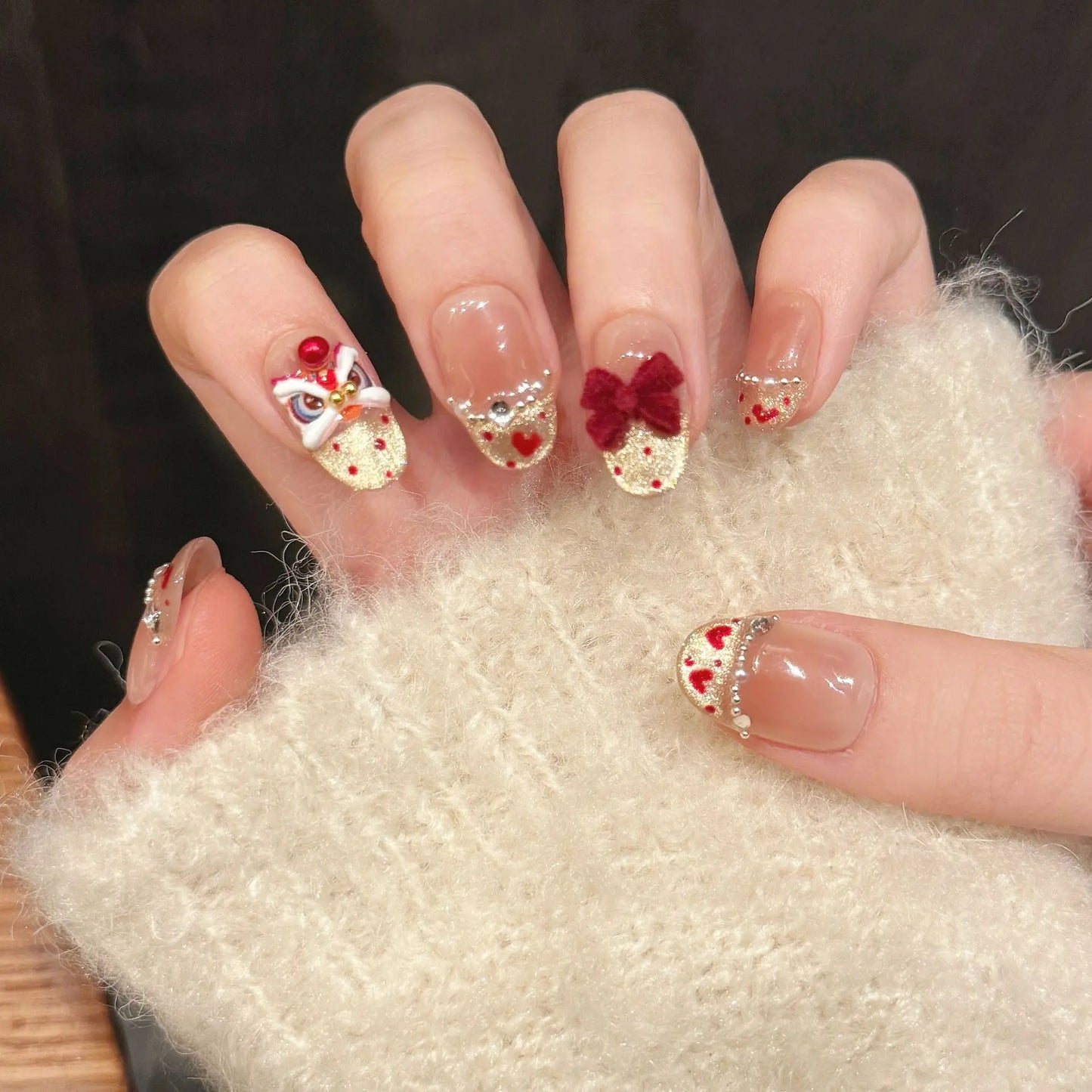 Handmade New Year Press on Nails Shiny Gold Powder Lucky Lion False Nails Wearable Full Cover French Cat Eye Fake Nail Tips Peaceful Pleasures Health and Wellness XS