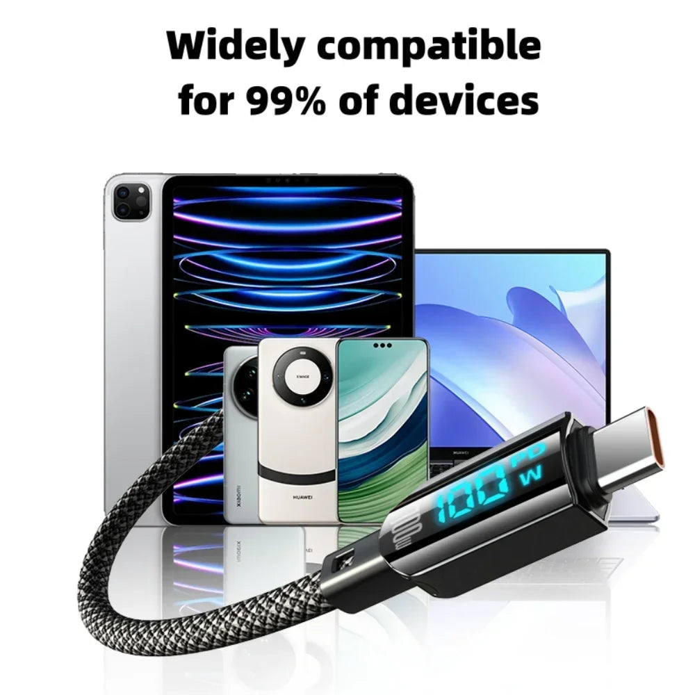 100W USB To Type C Fast Charging Cable LED Digital Display PD Fast Charge Braided Data Cord for iPhone 15 Huawei Xiaomi Peaceful Pleasures Health and Wellness