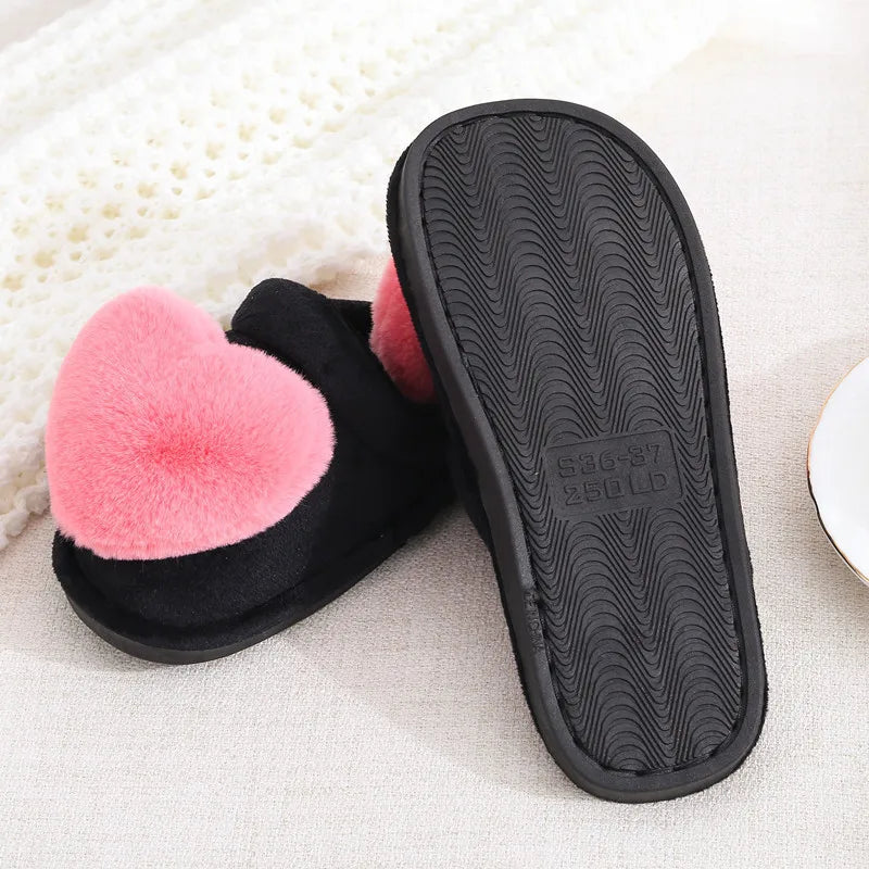 Women's Plush Heart Slippers – Warm Non-Slip Indoor House Shoes