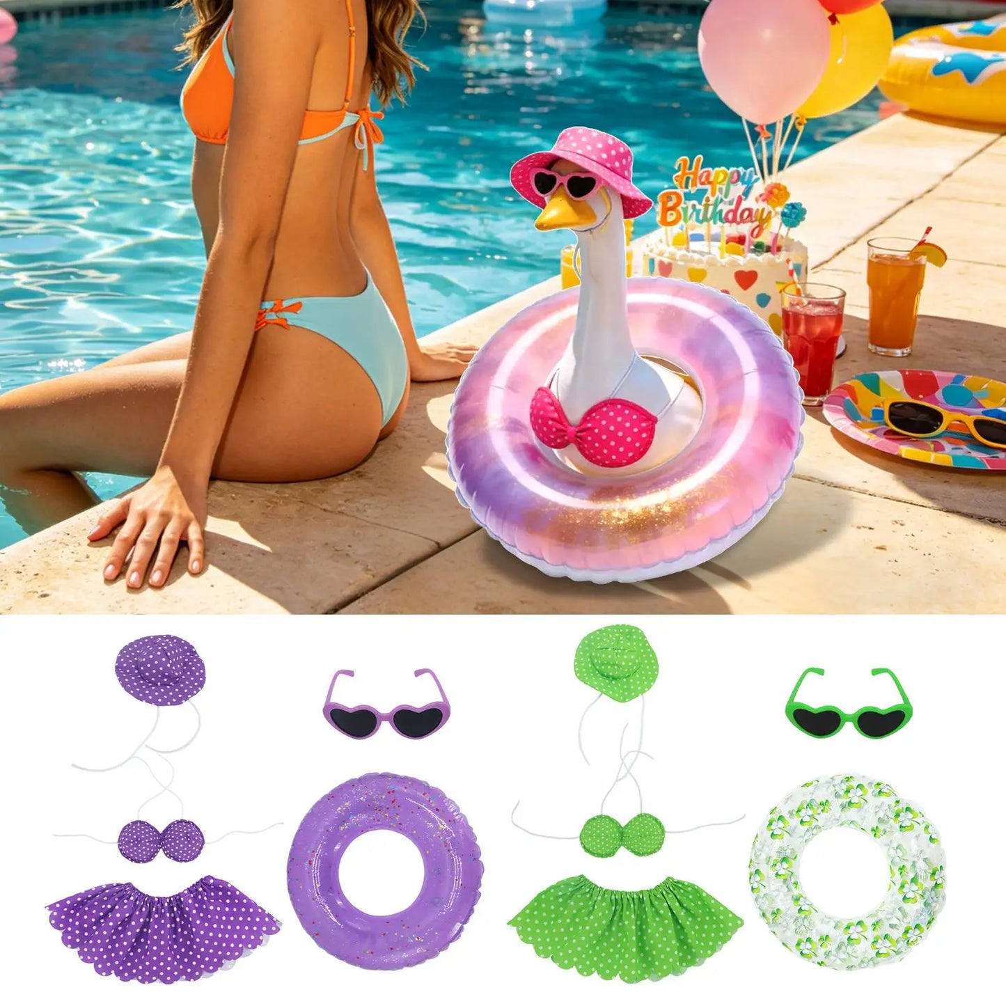 Porch Goose Clothes Hawaiian with Hat and Sunglasses Bikini Porch Goose Clothing for Garden Parties Festivals Events Garden Peaceful Pleasures Health and Wellness