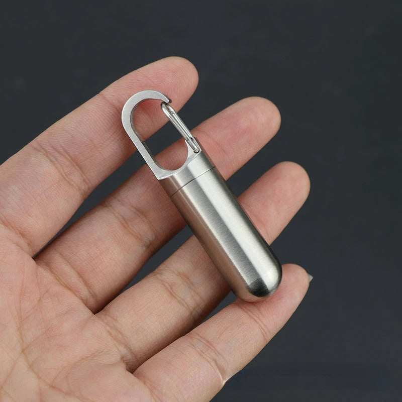 Portable Mini Stainless Steel Sealed Capsule Waterproof Pill Box Camping Firstaid Pendant Travel Outdoor Portable Pill Case Peaceful Pleasures Health and Wellness