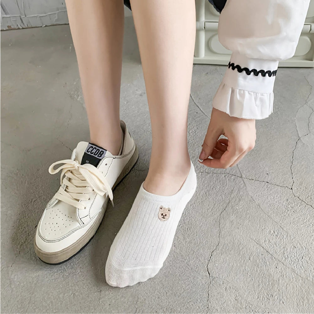 New Womens' Embroidered Bear Flower Strar Moon Squirrel White Cotton Fashion Summer No Show Invisible Socks Slippers Dropship Peaceful Pleasures Health and Wellness