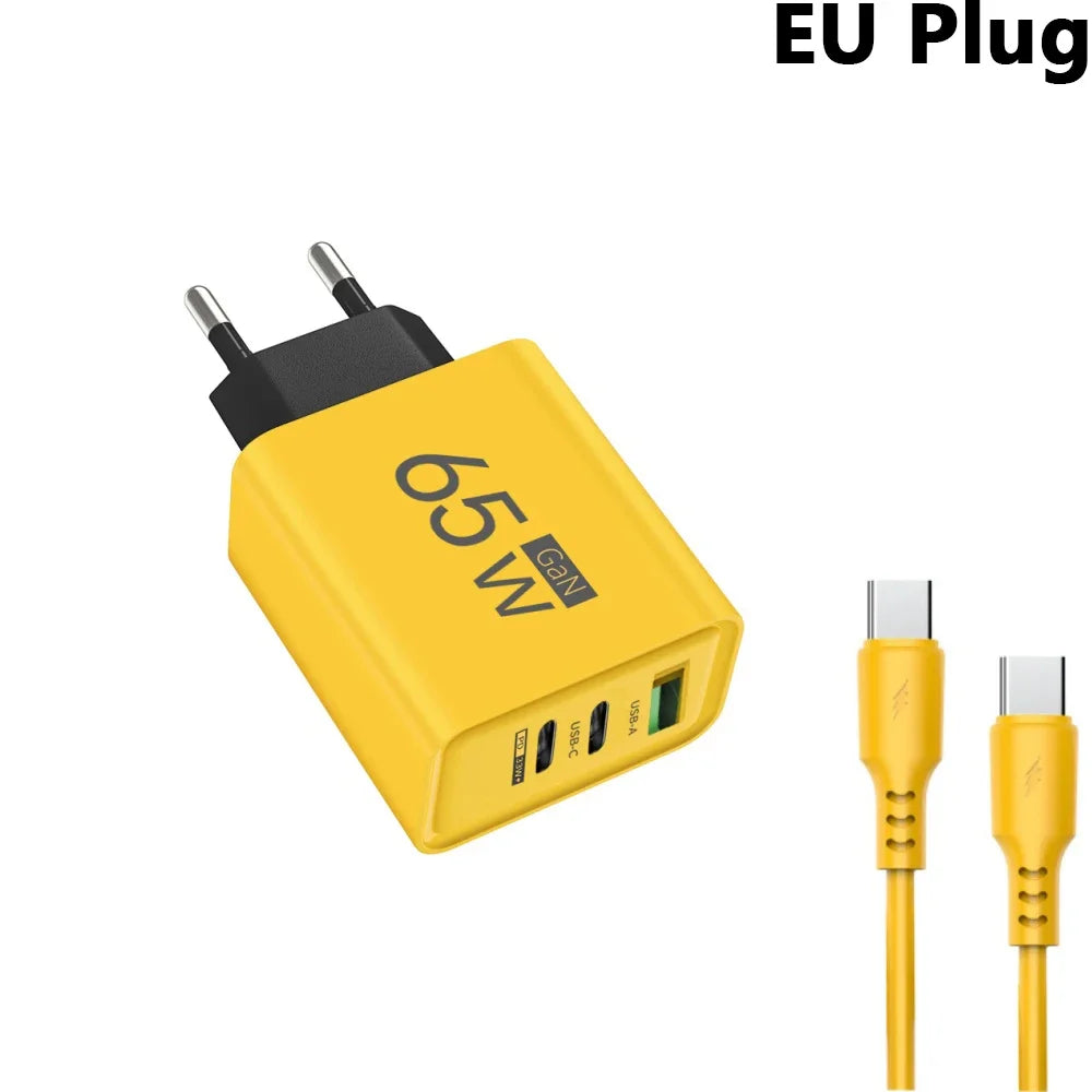 GaN 65W USB-C Fast Charger | 3-Port PD Wall Adapter
