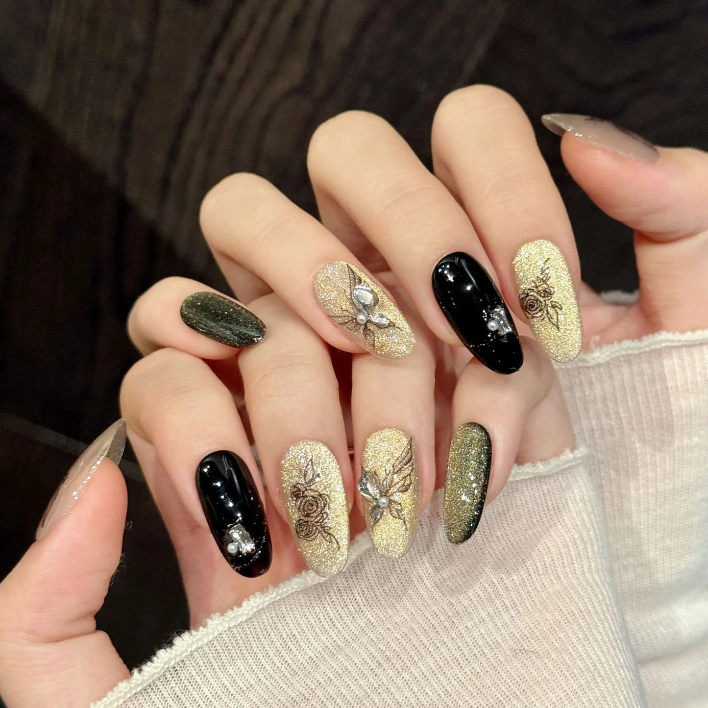 10pcs Handmade Gold Cat Eye Press on Nails Glitter Black Rose Butterfly Design Fake Nails Wearable Ins almond False Nail Tips Peaceful Pleasures Health and Wellness M