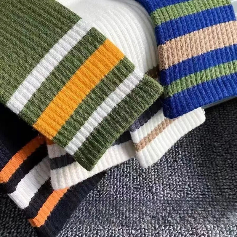 5 Pairs Men's Colorful Striped Casual Socks, Fashionable Sports Socks, Sweat Absorbing And Breathable, Suitable For All Seasons Peaceful Pleasures Health and Wellness