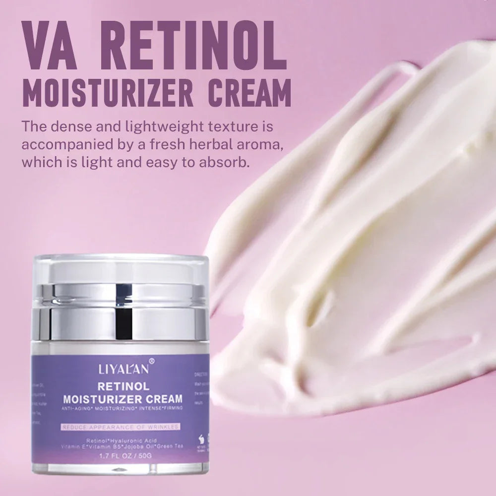 Liyalan Retinol Moisturizer Cream jar with cream swatch on pink background