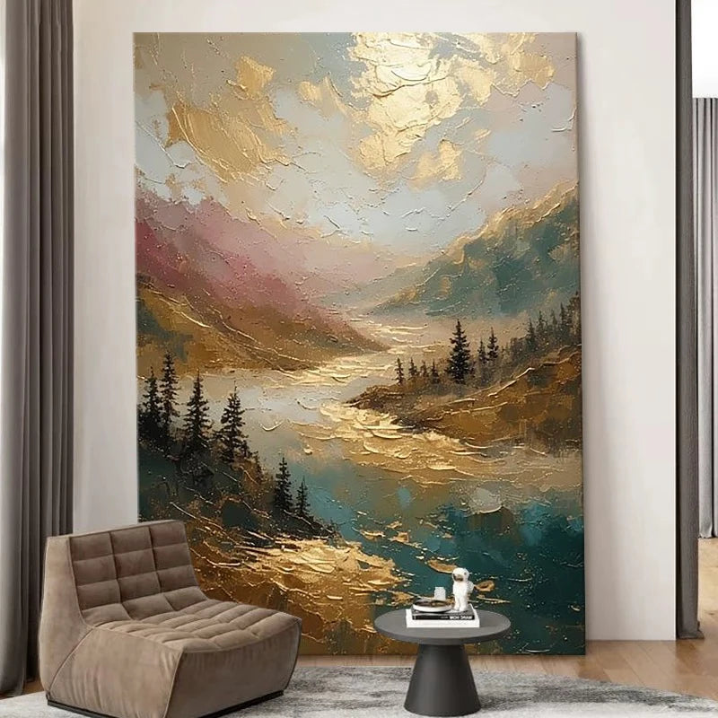 Modern Wall Art Home Decoration Gold Foil Scenery Mural Pure Hand Drawn Oil Painting Living Room Bedroom Porch Hanging Poster Peaceful Pleasures Health and Wellness