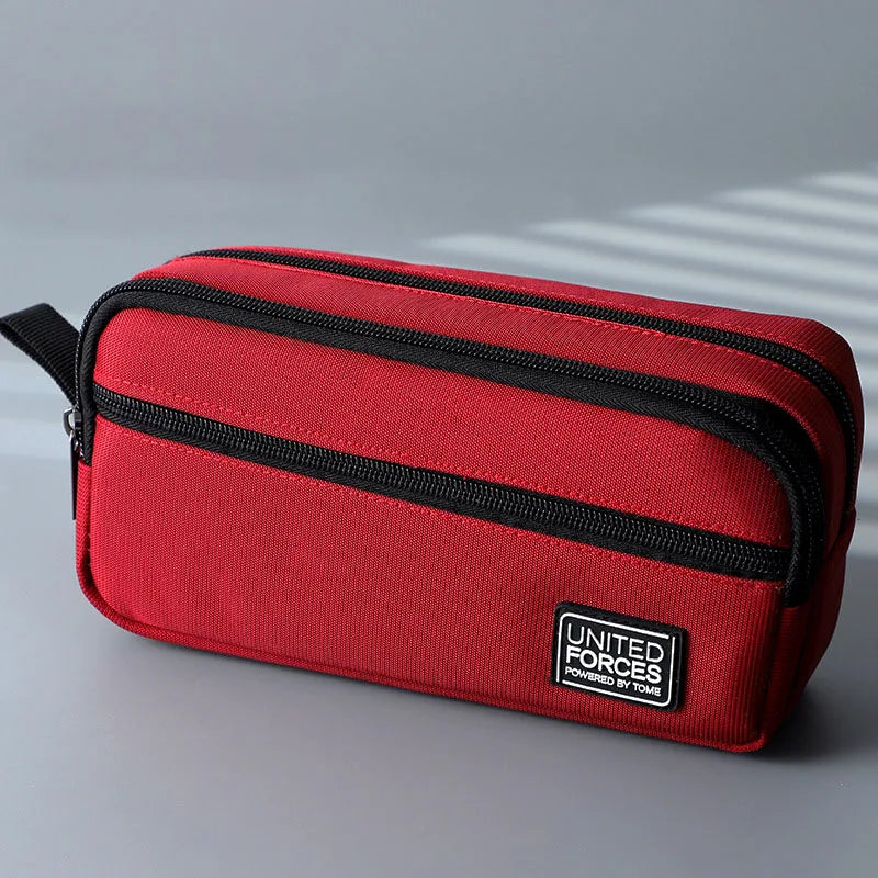 Portable Three-layer Large Capacity Pencil Bag Boy Canvas Pen Case School Office Supplies Storage Bag Waterproof Stationery Bag Peaceful Pleasures Health and Wellness red