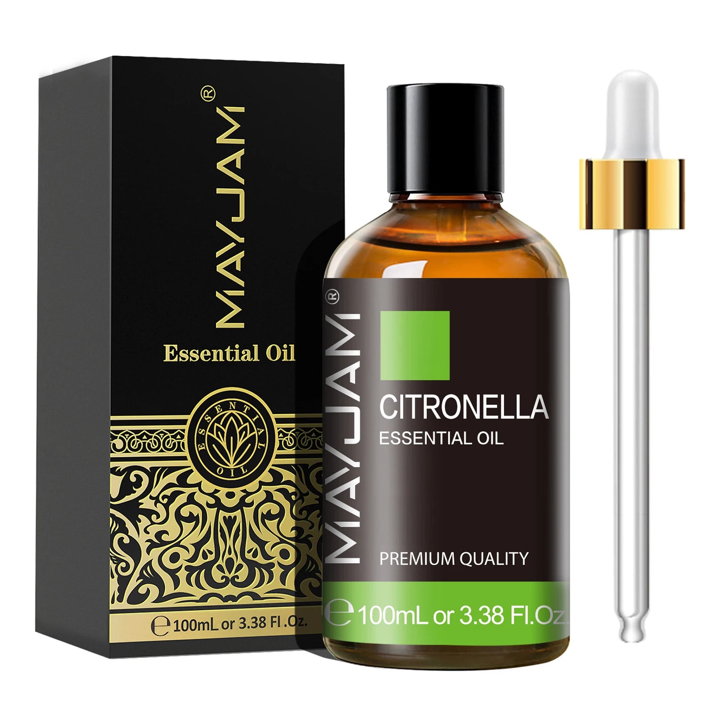 MayJam Citronella essential oil bottle with dropper and packaging on a white background
